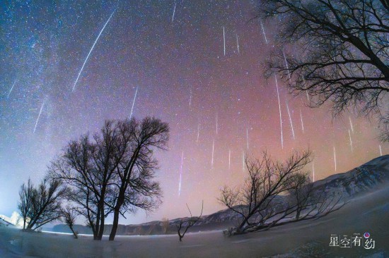 2023年12月13日夜晚至14日凌晨在新疆阿勒泰拍攝的雙子座流星雨（多張疊加）。（李碩攝，星聯(lián)CSVA供圖）